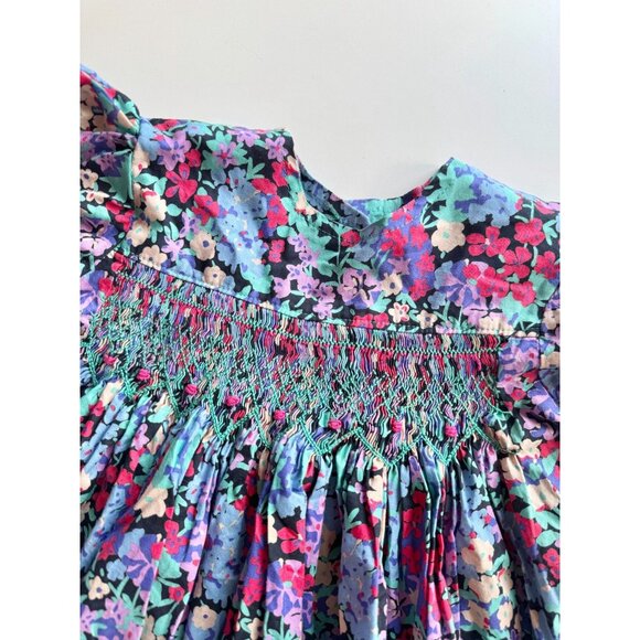 Vintage Girl's Floral Cotton Poplin Smocked Peasant Tent Dress, Size 4-5Y - Picture 3 of 9